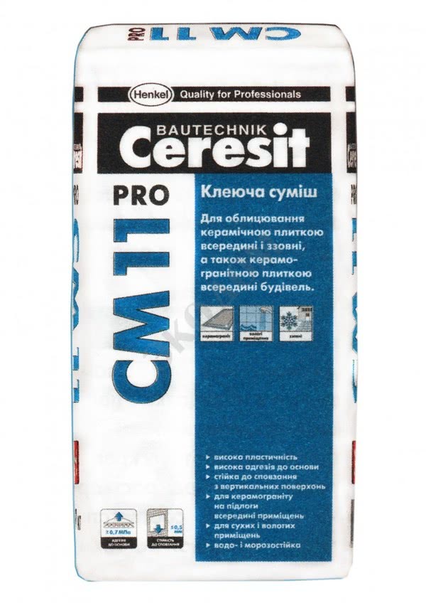 Ceresit СМ 11 Pro клеящая смесь для облицовки керамической плиткой внутри и снаружи.