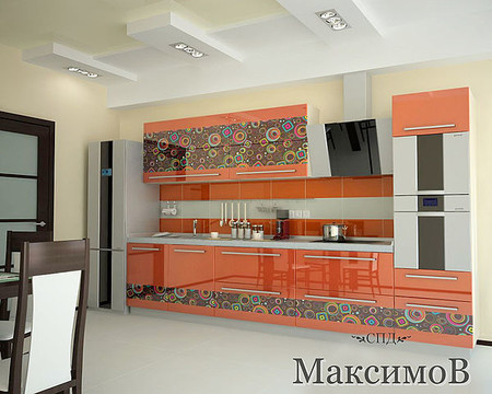 Кухонный гарнитур с фасадами из крашеного каленого стекла с рисунком