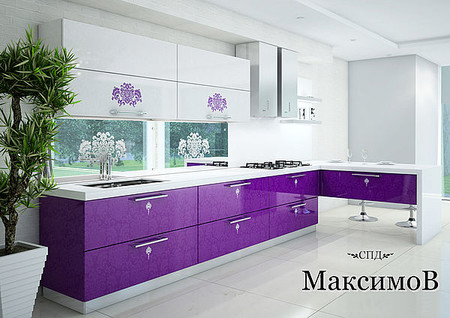 Кухонный гарнитур с фасадами из крашеного каленого стекла с рисунком